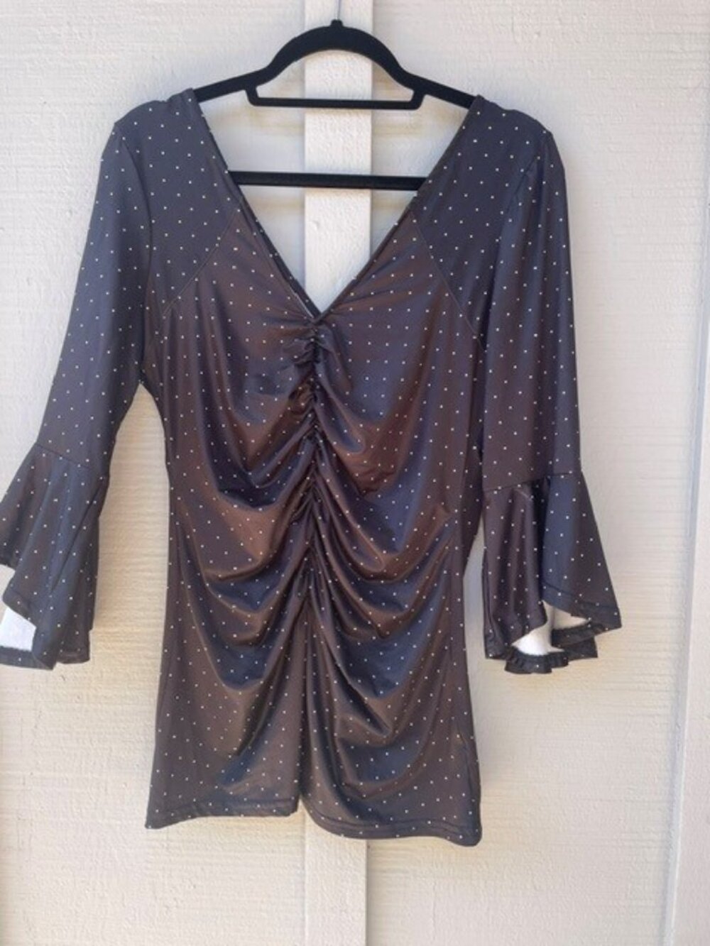 Suzanne Betro black and white polka dots blouse; Bell Sleeve; V-Neck